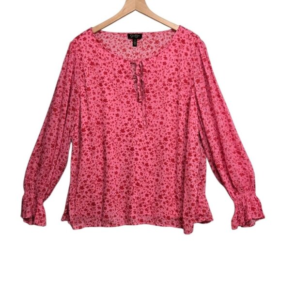 Jessica Simpson Tops - Jessica Simpson Womens Plus 2X Pink Ditsy Floral Print Top Balloon Sleeve Casual